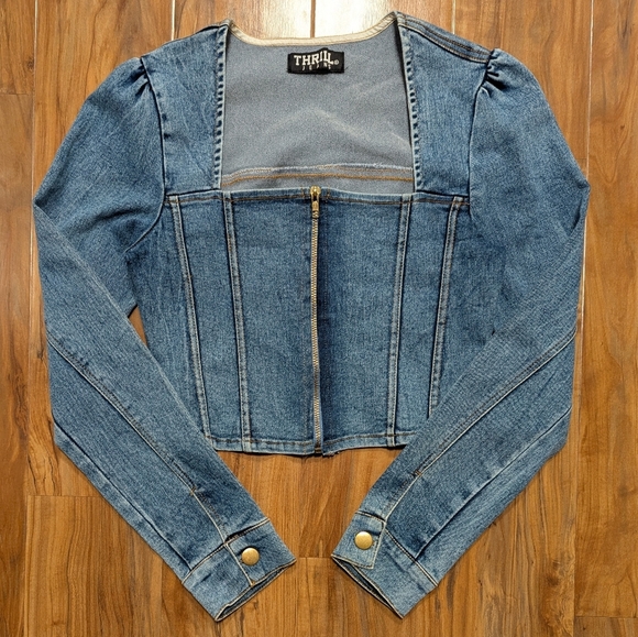 Denim Corset Long Sleeve Front Zip Top Thrill Jeans Medium Wash Womens Small EUC - Picture 1 of 7